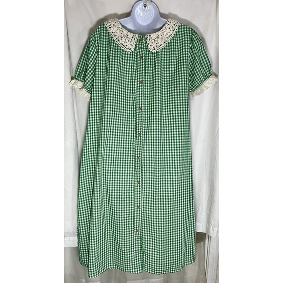Style & Co Dresses & Skirts - Vintage-Style Green Gingham Crochet Lace Collar House Dress - Size L/XL